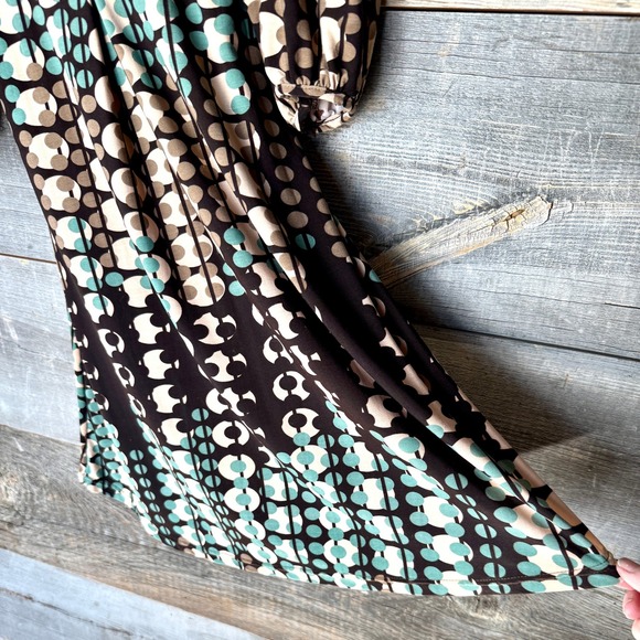 Geometric Y2K Baby Doll Dress XS/S Brown Teal Stretch Puff Sleeve Boho Fairy - Picture 4 of 6